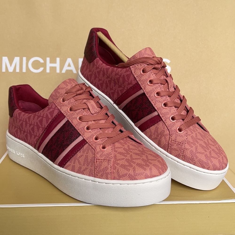 Michael Kors Poppy Stripe Lace Up MK Signature SM 49F1POFS2B Berry Multi WMNS - Picture 5 of 16